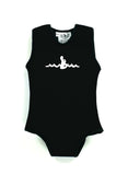 Black Infant Warm Belly Wetsuit with a sleeveless onesie design. The Warm Belly Wetsuit logo is printed in the center of the chest on the garment.