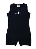 Black Warm Belly Wetsuit for children, showcasing a sleeveless design transitioning seamlessly into shorts. The Warm Belly Wetsuit logo is printed in the center of the chest on the garment. Shown in size large.