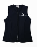 Warm Belly Wetsuits Adult Neoprene Vest featuring an all-black design complemented by a heavy-duty black front zipper. The Warm Belly Wetsuit logo is printed on the upper left of the garment.