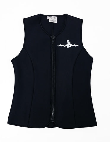 Warm Belly Wetsuits Adult Neoprene Vest featuring an all-black design complemented by a heavy-duty black front zipper. The Warm Belly Wetsuit logo is printed on the upper left of the garment.