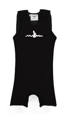 Black Warm Belly Wetsuit for children, showcasing a sleeveless design transitioning seamlessly into shorts. The Warm Belly Wetsuit logo is printed in the center of the chest on the garment. Shown in size extra small.