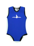 Blue  Infant Warm Belly Wetsuit with black trim and a sleeveless onesie design. The Warm Belly Wetsuit logo is printed in the center of the chest on the garment.