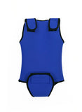 Back side of blue Infant Warm Belly Wetsuit featuring black trim, a sleeveless onesie design, adjustable Velcro shoulder straps, and a Velcro diaper flap. 