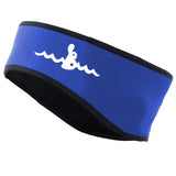 Warm Belly Wetsuits Children's Neoprene Head Band in blue with black trim. The Warm Belly Wetsuit logo is printed in white on the left side of the headband.