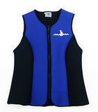 Warm Belly Wetsuits Adult Neoprene Vest in blue with black side panels complemented by a heavy-duty black front zipper. The Warm Belly Wetsuit logo is printed on the upper left of the garment.
