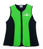 Warm Belly Wetsuits Adult Neoprene Vest in key lime green with black side panels complemented by a heavy-duty black front zipper. The Warm Belly Wetsuit logo is printed on the upper left of the garment.