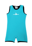 Turquoise Children's Warm Belly Wetsuit with black trim, showcasing a sleeveless design transitioning seamlessly into shorts. The Warm Belly Wetsuit logo is printed in the center of the chest on the garment. Shown in size large.