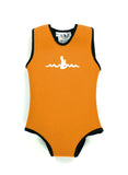 Mango Orange  Infant Warm Belly Wetsuit with black trim and a sleeveless onesie design. The Warm Belly Wetsuit logo is printed in the center of the chest on the garment.