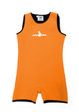 Mango Orange Children's Warm Belly Wetsuit with black trim, showcasing a sleeveless design transitioning seamlessly into shorts. The Warm Belly Wetsuit logo is printed in the center of the chest on the garment. Shown in size large.