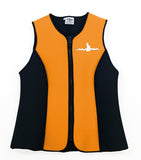 Warm Belly Wetsuits Adult Neoprene Vest in mango orange with black side panels complemented by a heavy-duty black front zipper. The Warm Belly Wetsuit logo is printed on the upper left of the garment.