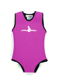 Pink  Infant Warm Belly Wetsuit with black trim and a sleeveless onesie design. The Warm Belly Wetsuit logo is printed in the center of the chest on the garment.