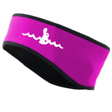 Warm Belly Wetsuits Children's Neoprene Head Band in pink with black trim. The Warm Belly Wetsuit logo is printed in white on the left side of the headband.