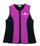 Warm Belly Wetsuits Adult Neoprene Vest in pink with black side panels complemented by a heavy-duty black front zipper. The Warm Belly Wetsuit logo is printed on the upper left of the garment.