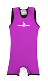Pink Children's Warm Belly Wetsuit with black trim, showcasing a sleeveless design transitioning seamlessly into shorts. The Warm Belly Wetsuit logo is printed in the center of the chest on the garment. Shown in size extra small.
