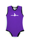 Purple  Infant Warm Belly Wetsuit with black trim and a sleeveless onesie design. The Warm Belly Wetsuit logo is printed in the center of the chest on the garment.