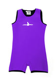 Purple Children's Warm Belly Wetsuit with black trim, showcasing a sleeveless design transitioning seamlessly into shorts. The Warm Belly Wetsuit logo is printed in the center of the chest on the garment. Shown in size large.