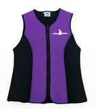 Warm Belly Wetsuits Adult Neoprene Vest in purple with black side panels complemented by a heavy-duty black front zipper. The Warm Belly Wetsuit logo is printed on the upper left of the garment.
