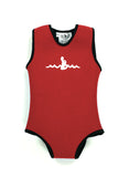 Red  Infant Warm Belly Wetsuit with black trim and a sleeveless onesie design. The Warm Belly Wetsuit logo is printed in the center of the chest on the garment.