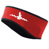 Warm Belly Wetsuits Children's Neoprene Head Band in red with black trim. The Warm Belly Wetsuit logo is printed in white on the left side of the headband.