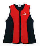 Warm Belly Wetsuits Adult Neoprene Vest in red with black side panels complemented by a heavy-duty black front zipper. The Warm Belly Wetsuit logo is printed on the upper left of the garment.