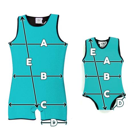 Guide showing where on body to measure for custom children or baby's Warm Belly Wetsuit.