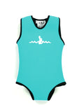 Turquoise  Infant Warm Belly Wetsuit with black trim and a sleeveless onesie design. The Warm Belly Wetsuit logo is printed in the center of the chest on the garment.