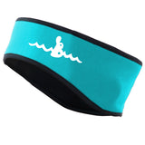 Warm Belly Wetsuits Children's Neoprene Head Band in turquoise with black trim. The Warm Belly Wetsuit logo is printed in white on the left side of the headband.