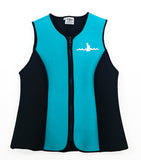 Warm Belly Wetsuits Adult Neoprene Vest in turquoise with black side panels complemented by a heavy-duty black front zipper. The Warm Belly Wetsuit logo is printed on the upper left of the garment.