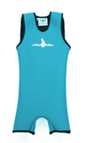 Turquoise Children's Warm Belly Wetsuit with black trim, showcasing a sleeveless design transitioning seamlessly into shorts. The Warm Belly Wetsuit logo is printed in the center of the chest on the garment. Shown in size extra small.