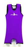 Purple Children's Warm Belly Wetsuit with black trim, showcasing a sleeveless design transitioning seamlessly into shorts. The Warm Belly Wetsuit logo is printed in the center of the chest on the garment. Shown in size extra small.