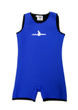 Custom Size Children's Blue Warm Belly Wetsuit with black trim, showcasing a sleeveless design transitioning seamlessly into shorts. The Warm Belly Wetsuit logo is printed in the center of the chest on the garment. 