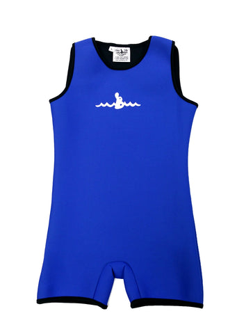 Blue Children's Warm Belly Wetsuit with black trim, showcasing a sleeveless design transitioning seamlessly into shorts. The Warm Belly Wetsuit logo is printed in the center of the chest on the garment. Shown in size Large.