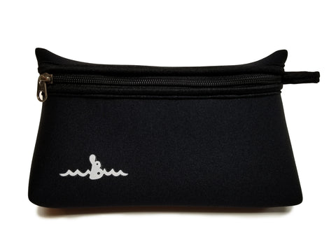 All-black Neoprene Beach Pouch with a zipper and a finger loop on the right side of the zipper. The Warm Belly Wetsuit logo is printed in white in the bottom left corner.