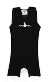 Black Warm Belly Wetsuit for children, showcasing a sleeveless design transitioning seamlessly into shorts. The Warm Belly Wetsuit logo is printed in the center of the chest on the garment. Shown in size extra small.