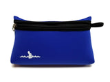 Blue Neoprene Beach Pouch with a black zipper and a black finger loop on the right side of the zipper. The Warm Belly Wetsuit logo is printed in white in the bottom left corner.