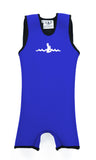 Blue Children's Warm Belly Wetsuit with black trim, showcasing a sleeveless design transitioning seamlessly into shorts. The Warm Belly Wetsuit logo is printed in the center of the chest on the garment. Shown in size extra small.