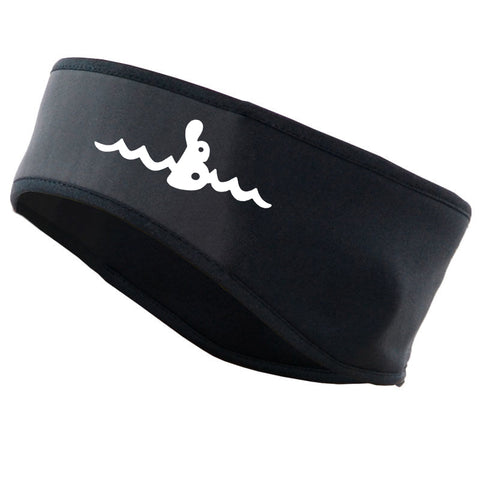 Warm Belly Wetsuits Children's Neoprene Head Band in black. The Warm Belly Wetsuit logo is printed in white on the left side of the headband.