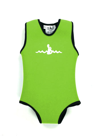 Key Lime Green Infant Warm Belly Wetsuit with black trim and a sleeveless onesie design. The Warm Belly Wetsuit logo is printed in the center of the chest on the garment.