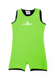Custom Size Children’s Key Lime Green Warm Belly Wetsuit with black trim, showcasing a sleeveless design transitioning seamlessly into shorts. The Warm Belly Wetsuit logo is printed in the center of the chest on the garment. 