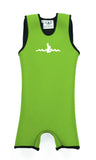 Key Lime Green Children's Warm Belly Wetsuit with black trim, showcasing a sleeveless design transitioning seamlessly into shorts. The Warm Belly Wetsuit logo is printed in the center of the chest on the garment. Shown in size extra small.