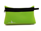 Key Lime Green Neoprene Beach Pouch with a black zipper and a black finger loop on the right side of the zipper. The Warm Belly Wetsuit logo is printed in white in the bottom left corner.