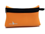 Mango Orange Neoprene Beach Pouch with a black zipper and a black finger loop on the right side of the zipper. The Warm Belly Wetsuit logo is printed in white in the bottom left corner.