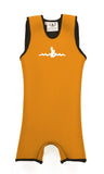 Mango Orange Children's Warm Belly Wetsuit with black trim, showcasing a sleeveless design transitioning seamlessly into shorts. The Warm Belly Wetsuit logo is printed in the center of the chest on the garment. Shown in size extra small.