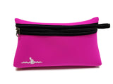 Pink Neoprene Beach Pouch with a black zipper and a black finger loop on the right side of the zipper. The Warm Belly Wetsuit logo is printed in white in the bottom left corner.