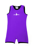 Purple Children's Warm Belly Wetsuit with black trim, showcasing a sleeveless design transitioning seamlessly into shorts. The Warm Belly Wetsuit logo is printed in the center of the chest on the garment. Shown in size large. 