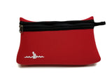 Red Neoprene Beach Pouch with a black zipper and a black finger loop on the right side of the zipper. The Warm Belly Wetsuit logo is printed in white in the bottom left corner.