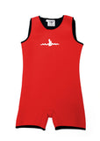 Custom Size Children’s Red Warm Belly Wetsuit with black trim, showcasing a sleeveless design transitioning seamlessly into shorts. The Warm Belly Wetsuit logo is printed in the center of the chest on the garment. 