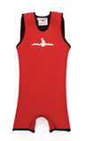 Red Children's Warm Belly Wetsuit with black trim, showcasing a sleeveless design transitioning seamlessly into shorts. The Warm Belly Wetsuit logo is printed in the center of the chest on the garment. Shown in size extra small.