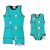 Guide showing where on body to measure for custom children or baby's Warm Belly Wetsuit. 