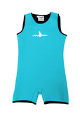 Custom Size Children’s Turquoise Warm Belly Wetsuit with black trim, showcasing a sleeveless design transitioning seamlessly into shorts. The Warm Belly Wetsuit logo is printed in the center of the chest on the garment. 